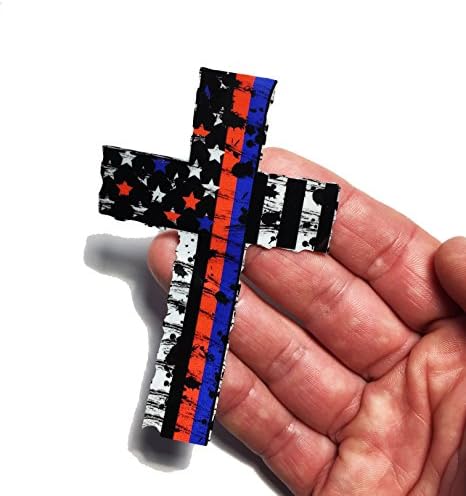 Hıristiyan Çapraz Kırmızı ve Mavi Püskü 4x3 İnç Bastırılmış Abd Bayrağı Yansıtıcı Çıkartma İnce Mavi Çizgi (Polis ve yangın