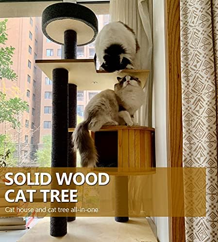 DUTUİ Tüm Masif Ahşaptan Yapılmış Kedi Ağacı Kedi Kulesi, Büyük Kedi Aktivite Cenneti, Kedi Evi Sisal Sütunu ve Üstünde Büyük