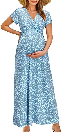OUGES Annelik Maxi Elbise Wrap V Boyun Bebek Duş Gebelik Elbiseler Photoshoot için