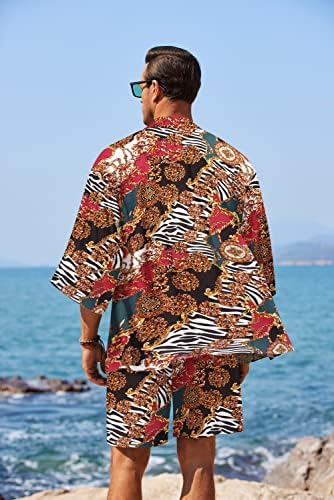 COOFANDY erkek 2 Parça Kıyafet Hafif Kimono Hırka Ceket Seti Hawaii Plaj Gömlek Şort
