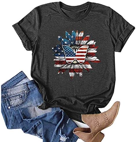 Kadın Amerikan Bayrağı kısa kollu t-shirt Gevşek Bluzlar Ekip Boyun Kısa Kollu Bluzlar Casual Tops