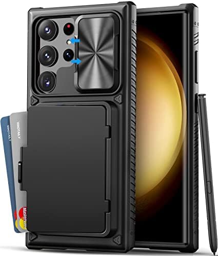 Vıaotaıly Samsung Galaxy S23 Ultra Kılıf için kart Tutucu (4 Kart) ve Slayt Kamera Koruması, Sağlam Dayanıklı Kaymaz Kickstand