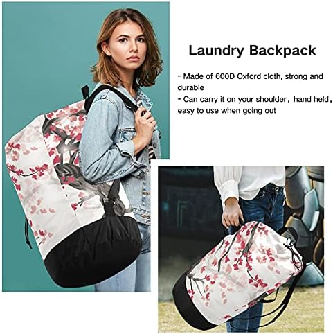 Kiraz Çiçeği Bahar çamaşır torbası Omuz Askıları ile çamaşır sırt çantası İpli Kapatma Asılı Sepet Kamp için Ev Essentials