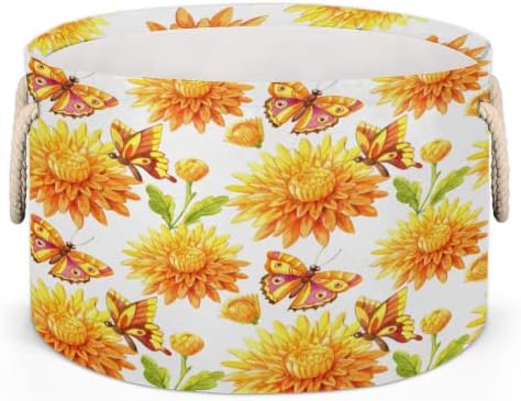 Sarı Çiçek Kelebek Depolama için Büyük Yuvarlak Sepetler Kulplu Çamaşır Sepetleri Banyo Rafları için Battaniye Depolama Sepeti