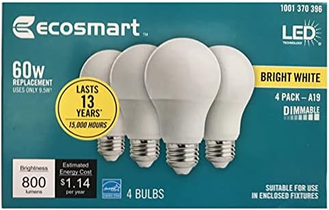 LED TEKNOLOJİSİ EcoSmart 60 Watt Eşdeğer A19 Kısılabilir Energy Star LED Ampul Parlak Beyaz (4'lü Paket)