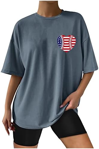 4th Temmuz Gömlek Kadınlar için Büyük Boy T Shirt Gevşek Fit Crewneck Kısa Kollu Üstleri Amerikan Bayrağı Beyzbol Grapic