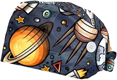 Fırçalama Düğmeleri ile Caps Saç Kapak Türban Kapaklar İş Şapka Hemşirelik Pet Kliniği Kap 2 Parça, uzay Gemisi Galaxy Roketler