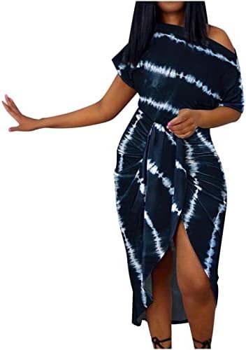 Kadınlar için 2023 Moda Elbiseler Kravat Boya Çizgili Kapalı Omuz Kısa Kollu Midi Elbise Slim Fit Kalça Bodycon Sundress