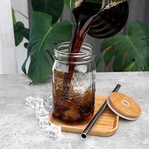 Kapaklı ve Pipetli cam turşu kavanozu, 32oz Geniş Ağızlı cam turşu kavanozu Bambu Kapaklı ve Paslanmaz Çelik Pipetli içme