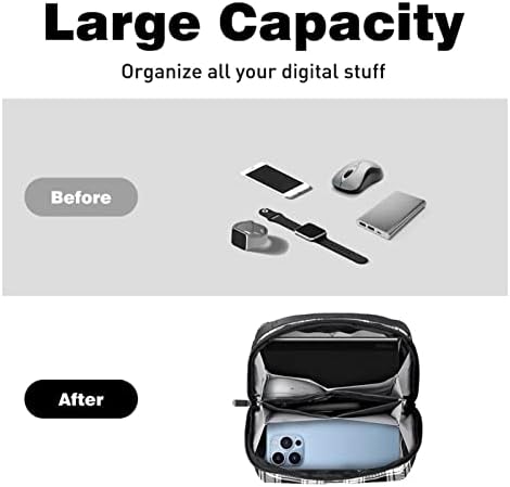 Taşıma çantası Seyahat kılıf çanta USB kablo düzenleyici Cep Aksesuar Fermuar Cüzdan, Siyah Beyaz Tartan Kafes Ekose ızgara