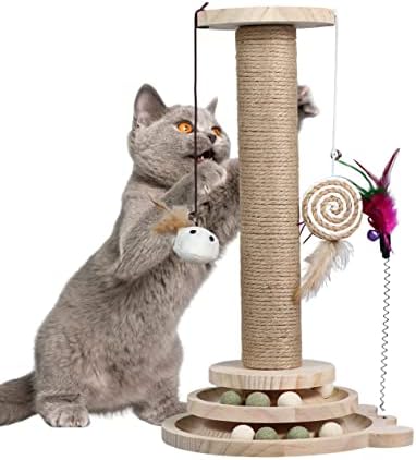Kapalı Kediler için Kedi tırmalama direği Tüy Oyuncak, İnteraktif Kedi Oyuncak 4 Ahşap Top ve 4 Catnip Topları ile 2 Katmanlı