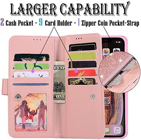 Auker iPhone XR Bling Cüzdan Kılıf Kadınlar için Kayış ile, 9 Kart Tutucu Folio Kapak Glitter Deri Fermuar Cüzdan Kılıf w/Fold
