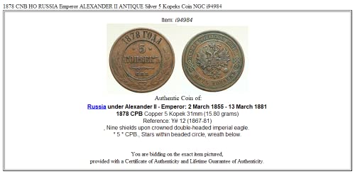 1878 RU 1878 CNB HO RUSYA İmparatoru ALEXANDER II ANTİK A 5 Kopek İyi NGC