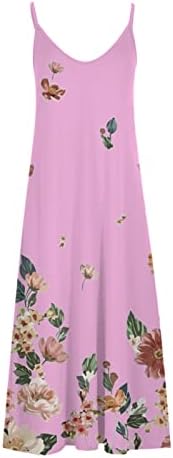 Yaz Rahat Kayma Elbiseler Kadınlar için Sevimli Çiçek Baskı V Boyun Kolsuz Spagetti Kayışı Gevşek Rahat Maxi uzun elbise