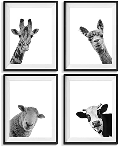 QTESPEII Siyah ve Beyaz Duvar Sanatı Tuval Baskılar Sevimli Zürafa Alpaka Koyun Inek Resimleri Komik Hayvanlar Duvar Dekor
