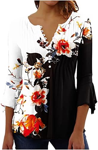 Kadın Çiçek Baskı Bluz 3/4 Kollu Düğmeli V Boyun Tunik Gömlek 2023 Yaz Şık Rahat Gevşek Fit Tee Gömlek