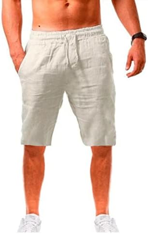 HDZWW Kısa Spor Şort Erkekler Nefes Rahat Keten Yaz Pantolon Cepler ıle Düzenli Fit Düz Bacak Elastik