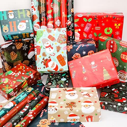 Konsait 12 Paket Katlanmış Büyük Yaprak Noel Ambalaj Kağıdı Geleneksel Hediye Paketi, Noel Dekorasyonu, Noel Şenlikli Tasarımlar-Çocuklar