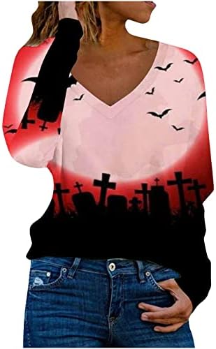 PIMOXV kadın V Boyun Tişörtü 2022 Moda Cadılar Bayramı Tunik Üstleri Gevşek Fit Genç Kız Şık Rahat Yaz Sonbahar Tee Gömlek