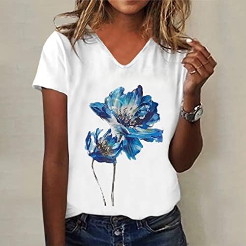 Yaz Bayan Kısa Kollu V Boyun Çiçek Baskılı Üst T Shirt Casual Gömlek Tee Scoop Boyun Uzun Kollu Gömlek Kadınlar için G-Beyaz
