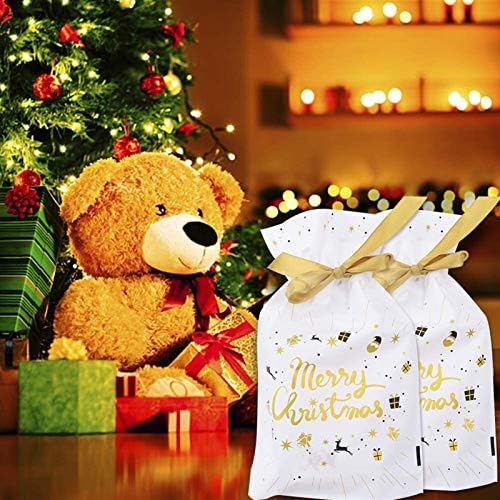 HUANGXING-Altın Merry Christmas 50 Adet Noel İpli hediye keseleri Noel Ağacı Hediye Paketleme Çantaları Mevcut Paket Çanta