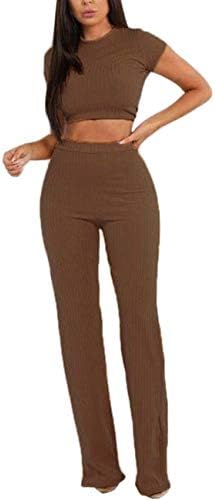 ECDAHICC kadın 2 Parça Kıyafetler Setleri Örgü Nervürlü Kısa Kollu Rahat Kırpma Üst Yüksek Bel Geniş Bacak Pantolon Takım