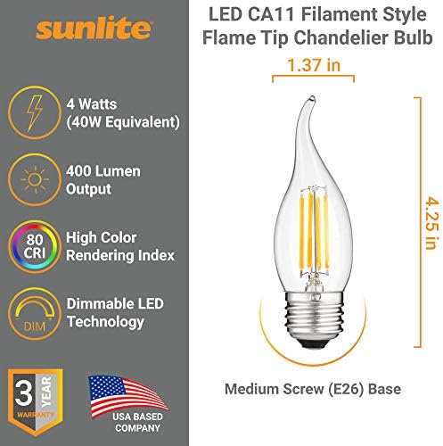 Sunlite 80421 LED Filament CA11 Alev Ucu Avize Ampulü, 4 Watt (40W Eşdeğeri), Orta E26 Taban, Şeffaf Cam, Kısılabilir, 2700K
