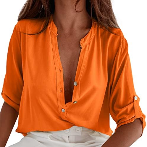 Kadın V Boyun Egzersiz Kadınlar Büyük Boy Yaz Sonbahar Pamuk Bluzlar Düğme Gömlek Gevşek Katı Üstleri Phrasing