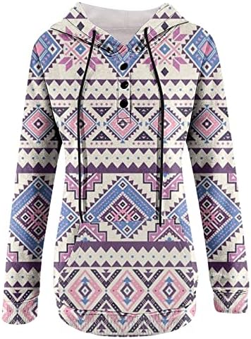Ruzıyoog kadın Vintage Hoodies Sonbahar Moda Geometri Baskı Uzun Kollu İpli Tişörtü Kazak Kanguru Cebi ile