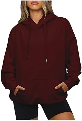 hopolsy Gevşek İpli Hoodies Kadınlar için büyük beden kazak Kapüşonlu Sweatshirt Düz Renk Uzun Kollu Ceket Cepler ile