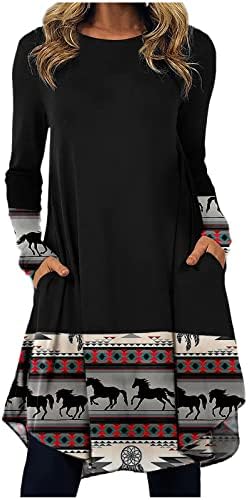 Kadın moda rahat baskılı yuvarlak boyun kazak gevşek uzun kollu elbise