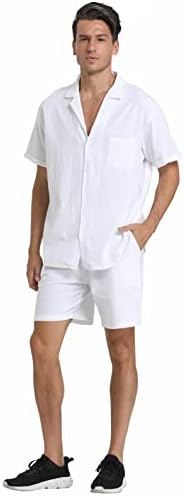 RPOVIG Keten Gömlek Kısa Kıyafetler: Erkek Plaj 2 Parça Casual Düğmeli Takımlar