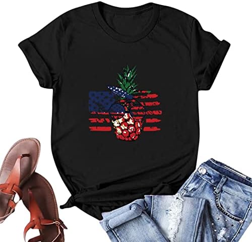 4th Temmuz T-Shirt Kadınlar için Kısa Kollu V Boyun Tunik Üstleri Amerikan Bayrağı Çizgili Kravat Boya Vatansever Gömlek
