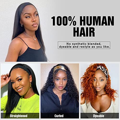 FACMOOD Düz Kafa Bandı peruk insan saçı Siyah Kadınlar için, Tutkalsız Düz Kafa Bandı Peruk 26 inç, gerçek insan saçı