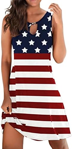 4th Temmuz Elbise Kadınlar için Rahat Yaz Plaj Elbise Amerikan Bayrağı Anahtar Deliği Kolsuz O-boyun Yıldız Çizgili Yensiz