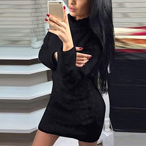 Kadın Midi Kazak Elbise Yuvarlak Boyun Uzun Kollu Peluş Kazak Elbise Bölüm Boyun Kazak Elbise Örme Elbiseler
