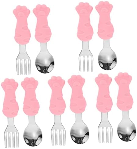 Kisangel bebek kaşıkları 10 adet Erkek Çatal Bağımsız Kaşık Çatal Kaplar Eğitim Silikon Yürümeye Başlayan Paslanmaz Kız Yemek