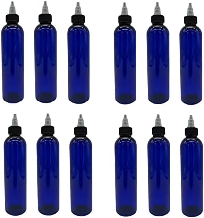 8 oz Mavi Cosmo Plastik Şişeler -12 Paket Boş Şişe Doldurulabilir-BPA İçermez-Uçucu Yağlar-Aromaterapi / Siyah / Doğal Bükümlü