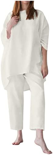 Beyaz 2 Parça Düz Bacak Düz pantolon Setleri Genç Kızlar için Sonbahar Yaz Keten pantolon Setleri kadın kıyafetleri Moda