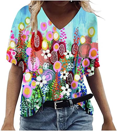Kadın Pamuk Derin V Boyun Çiçek Grafik Gevşek Fit Büyük Boy Rahat Fit Salonu Üst Gömlek Kısa Kollu Üst Kızlar için