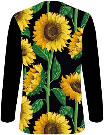 Kadın Salonu Üstleri 3/4 Kollu Bluz Kaşkorse T Shirt Crewneck Ayçiçeği Çiçek Baskı İnce Tunik Üstleri 2023 ED