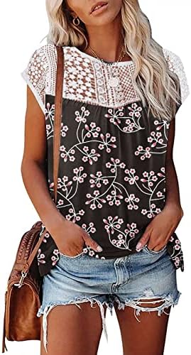 Kadın Rahat Kap Kollu T Shirt Dantel Çiçek Taraklı Trim Bluz Çiçek Baskı Yaz Gömlek Üst Moda Flowy Tee Tops