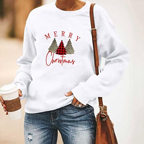 Merry Christmas Tshirt Kadın Ekose Ağacı Gömlek Mektubu Baskı Uzun Kollu Tatil Parti Üstleri Grafik Tees T-Shirt Beyaz
