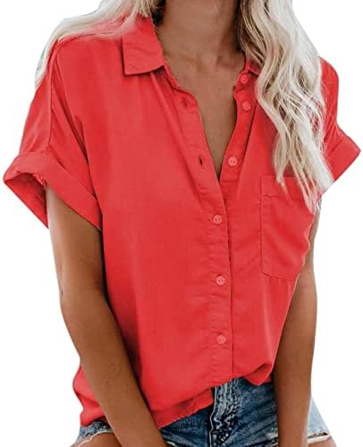 Kadın Rahat V Boyun Düğme Aşağı Gömlek Düz Renk Kısa Kollu Yaka Tunik Üstleri Klasik İş Giysisi T-Shirt Bluz