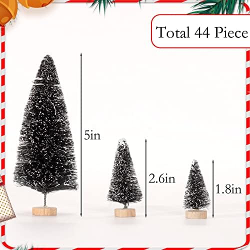 44 Parça Yapay Mini Noel Ağaçları Siyah Şişe Fırça Noel Ağaçları Kar Buzlu Noel Ağacı Ahşap Tabanı ile, Sisal Ağaçları Çam