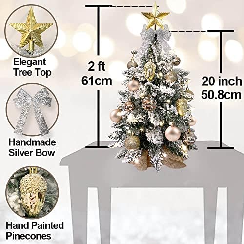 Zarif noel ağacı LED ışıkları ile 20 inç masa üstü Mini küçük Noel akın yapay dekorasyon ofis ev restoran için (Altın)