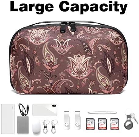 Taşıma Çantası Seyahat Kılıfı Çanta USB Kablosu Organizatör Cep Aksesuar Fermuar Cüzdan, Paisley Desen Kaju Çiçek Kahverengi