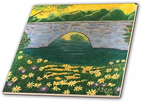 Çiçek Tarlası Gölü ve Sarı Gökyüzü Karoları ile Taş Köprünün 3dRose Resmi (ct_349807_1)