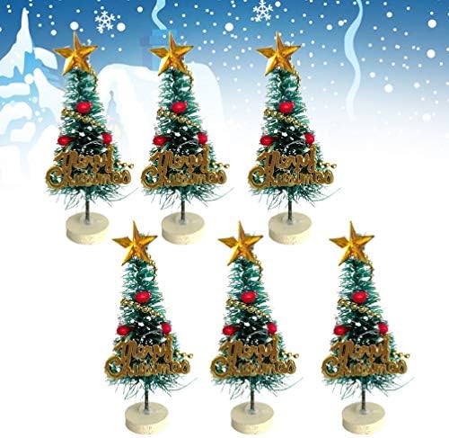 Amosfun 6 pcs Mini Noel Ağacı Min Minyatür Çam Ağacı Yapay Sisal Ağaçları ile Beyaz Standı Tatil Parti Masa Masaüstü Centerpiece