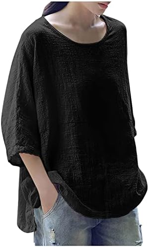Kadınlar için keten Üstleri Yaz Casual Gömlek 3/4 Kollu Artı Boyutu Pamuk Tunik Gevşek Fit Üç Çeyrek Kollu Tişörtleri